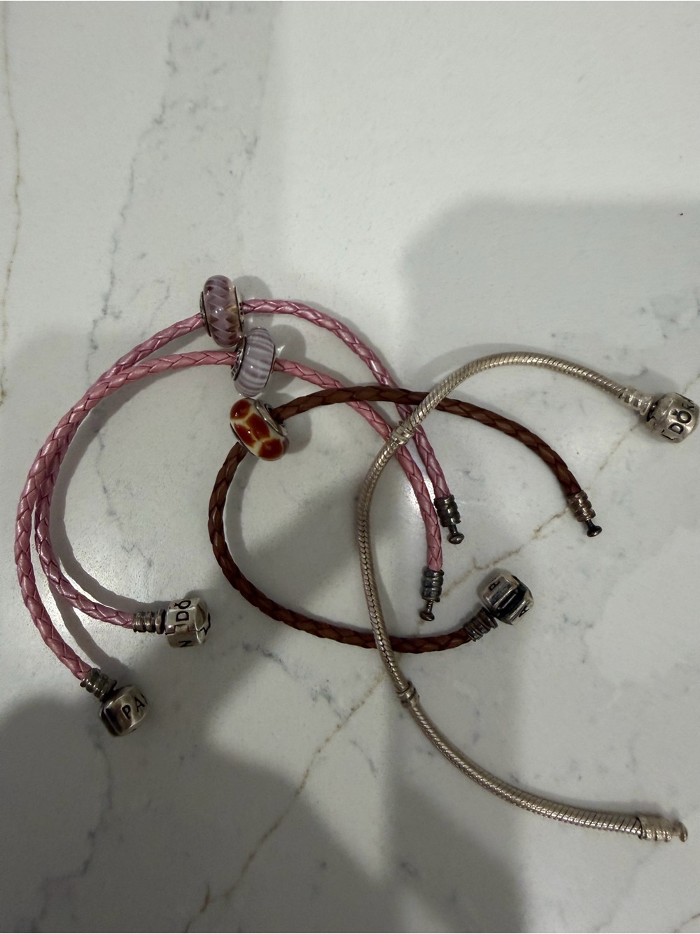 4 Pandora Pink, Brown and Silver Leather & Snake Chain Bracelet Lot with charms